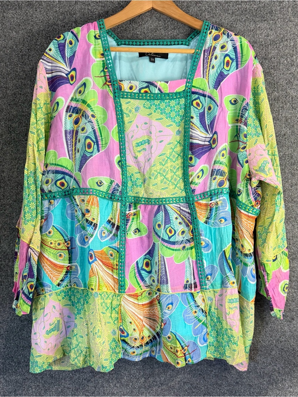 Calessa Womens 2X Butterfly Print Tunic Top Crochet Lace Trim Square Neck Boho